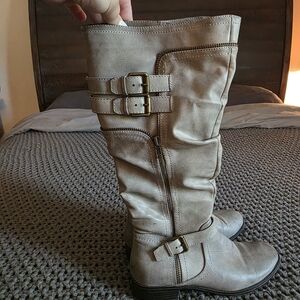 Gray Heeled Boots with Strap Detail and Rounded Toe